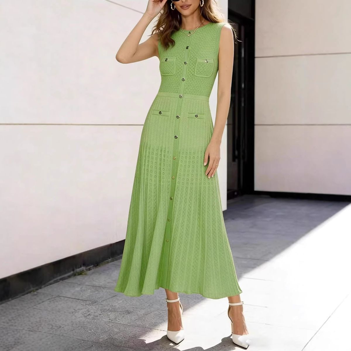 Women's Slim Fit Knitted Vest Dress European American Style round Neck Sleeveless See through Long Dress Summer 2026_ecoleips.com