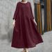Women's Clothing Solid Color Cotton And Linen Irregular Splicing Round Neck Pocket Long Sleeve Dress Big Swing Long Skirt_ecoleips.com