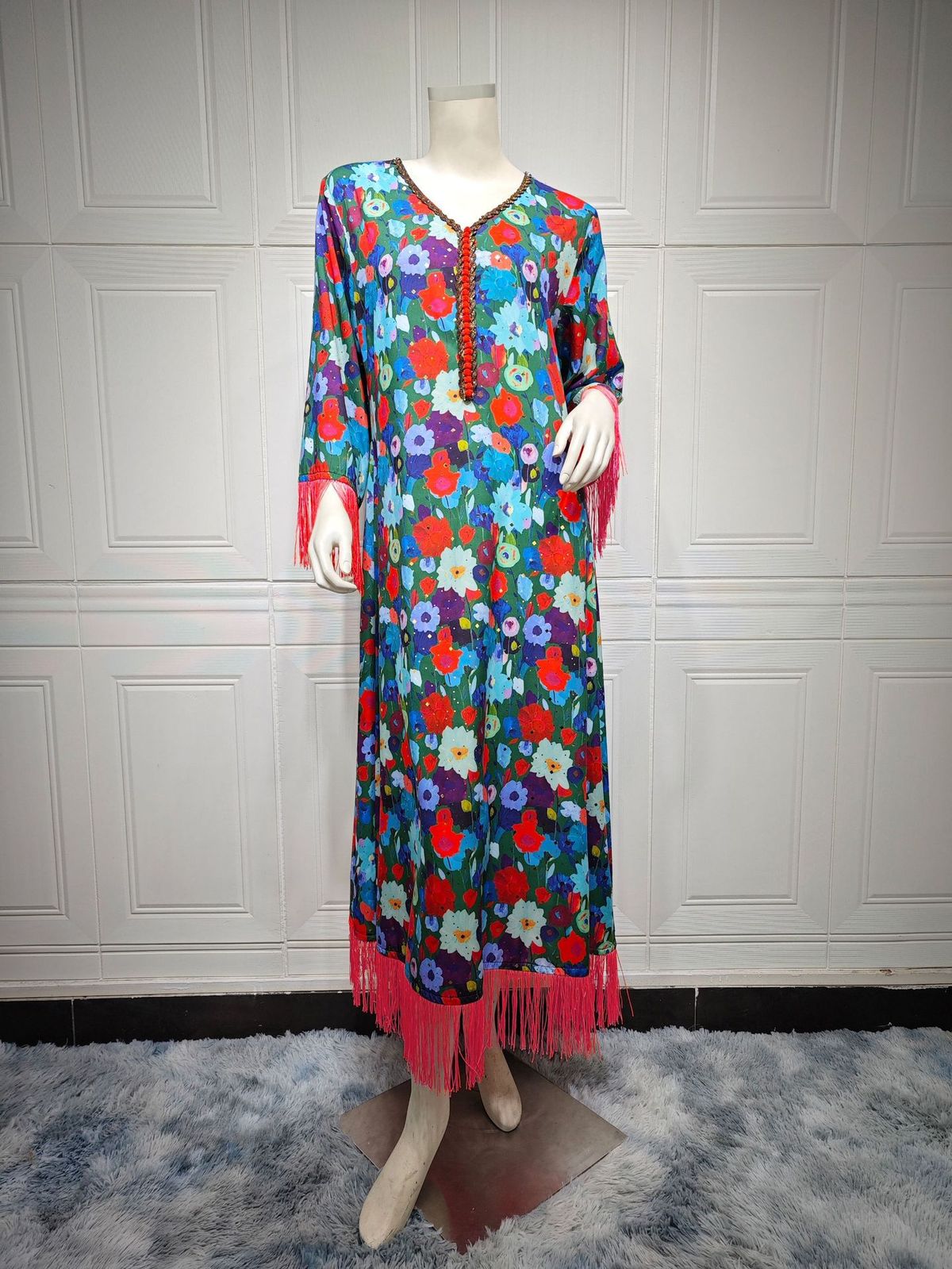AB366 Women's Floral Print Maxi Dress Long-Sleeve Boho Style Tribal-Inspired Available in Pink Purple Green Sizes S to XXL_ecoleips.com