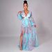 Women's Clothing Fashion Sexy Printed Lantern Long Sleeved V Neck Slit Dress Mp 698_ecoleips.com