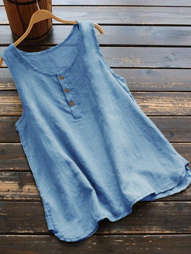 Verve 2025 Summer New Solid Color Round Neck Loose Casual Vest Cotton Linen Shirt For Women_ecoleips.com