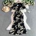 Women's Clothing High Grade Temperament Printed V Neck Puff Sleeve Dress Summer Slim And Elegant Fishtail Dress Long Skirt_ecoleips.com