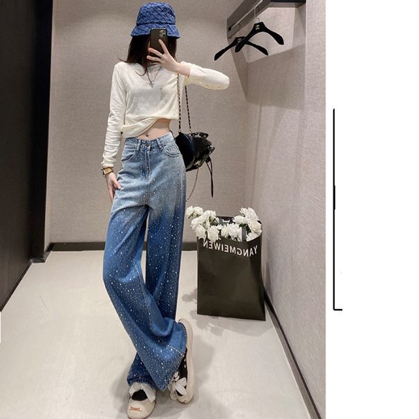 Dark Blue Denim Wide Leg Pants For Women 2025 Spring New All Match Gradient Mopping Pants High Waist Slim Hot Diamond Pants_ecoleips.com
