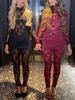 Sheer Mesh Jumpsuit With Lace Cutouts - Sexy Long Sleeve Bodysuit Pants For Nightclub & Party - Stretchy Polyester Siren Red & Black Tight-Fit Romper_ecoleips.com