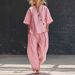 Women's Solid Color Two Piece Set V Neck Short Sleeve Top & High Waisted Trousers Casual American Style Pant Suit_ecoleips.com