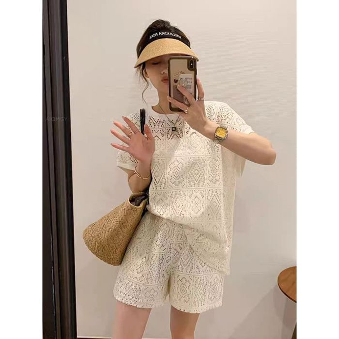 Women's European Style Casual Two-Piece Suit Slimming Lace Short-Sleeved Top And Shorts Unique Design_ecoleips.com