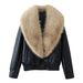 Women's Clothing Fashion Faux Leather Jacket With Faux Fur Collar - Loose Fit, Three Colors (Burgundy, Coffee, Black), Short Length, Double Breasted_ecoleips.com