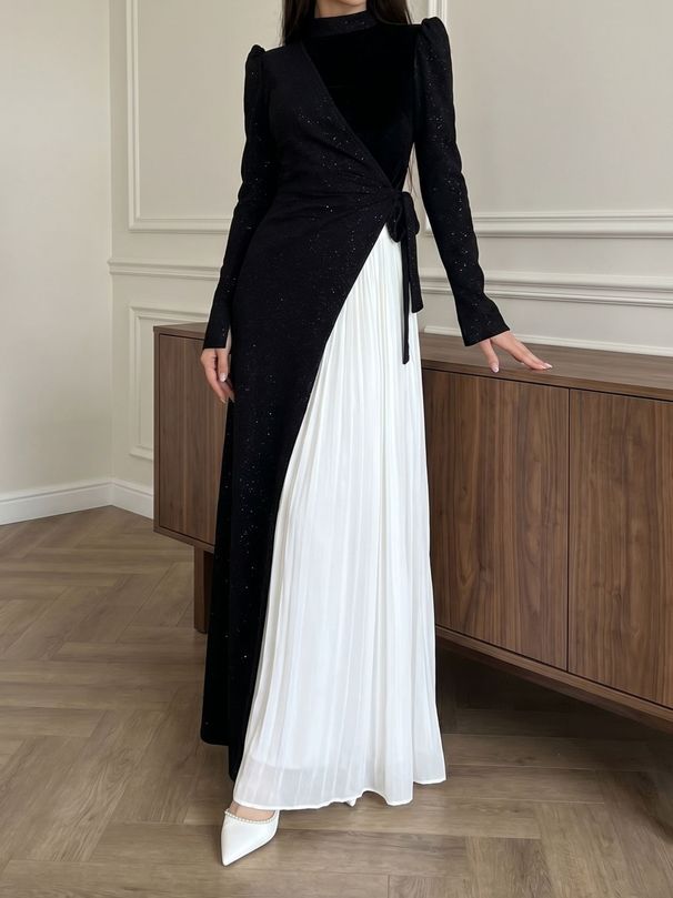 Women's Long Sleeve Color Block Pleated Dress Asymmetrical Two-in-One Design Clothing_ecoleips.com