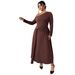 Off-Shoulder Plus Size Fall Dress – High Waist Slimming Long Sleeve Coffee Brown Dress With Belt Detail_ecoleips.com