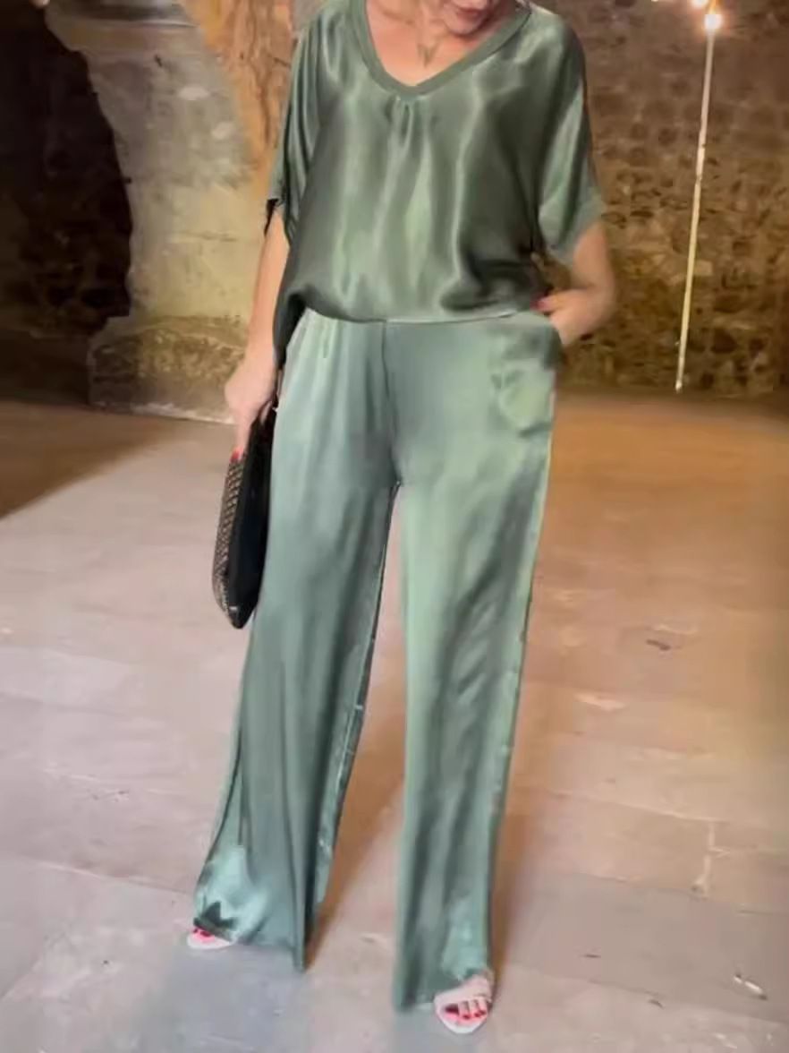 Women's Clothing Summer Women's Fashion Satin Bat Sleeve Loose Casual Suit_ecoleips.com