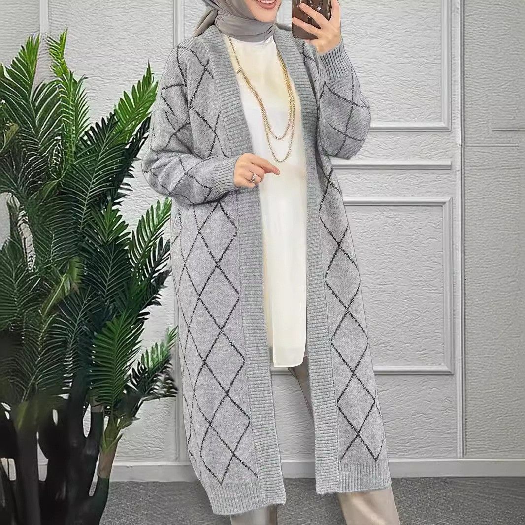 Modest Longline Cardigan For Muslim Women – Elegant Diamond Knit Open Front Cover-Up, Breathable Polyester Blend, Oversized Length (100cm+), Grey/Blue_ecoleips.com