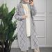 Modest Longline Cardigan For Muslim Women – Elegant Diamond Knit Open Front Cover-Up, Breathable Polyester Blend, Oversized Length (100cm+), Grey/Blue_ecoleips.com