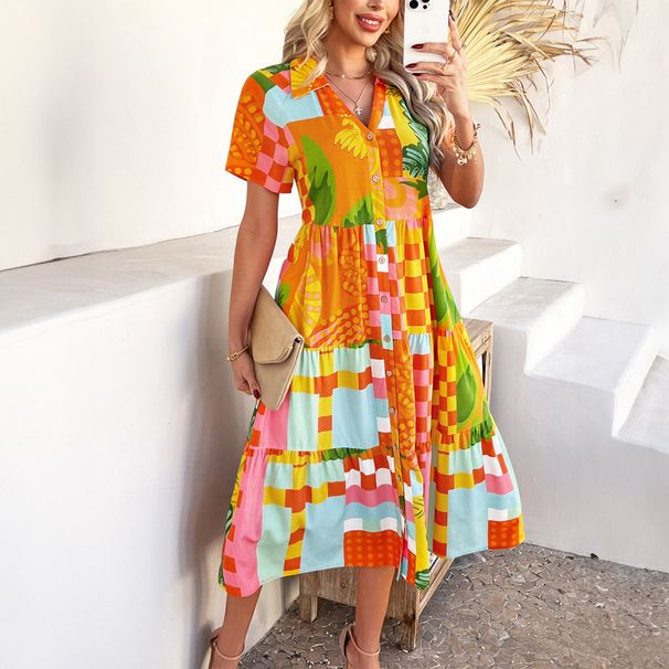Spring/Summer Bohemian Casual Vacation High-Waisted Geometric Colorful Dress For Children_ecoleips.com