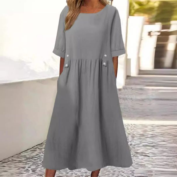 Summer Short Sleeve Cotton Linen Dress round Neck Loose Fit mid Length plus Size New Style Hot Selling for Export 2024 Q241_ecoleips.com