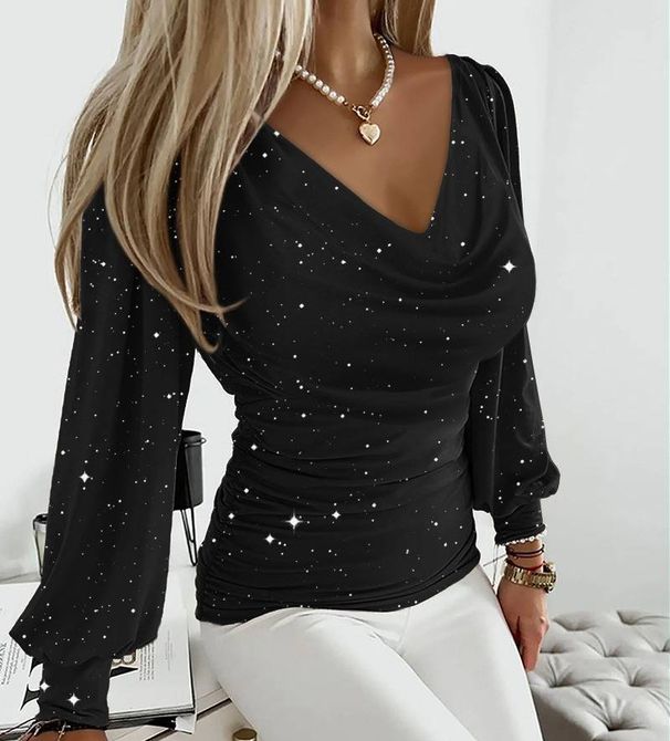 Elegant Lantern Sleeve V-Neck Top – Lace Splicing & Flowy Design For Women (White/Black/Pink, Sizes S-XL)_ecoleips.com