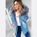 Women's Clothing Retro Denim Jacket Warm Medium Long With Large Fur Collar Ripped Coat_ecoleips.com