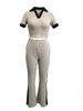 Summer Polo Neck Top And Slim Fit Flared Pants Two Piece Set For Women_ecoleips.com