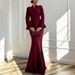Elegant High-Waist Flowy Midi Dress With Long Sleeves – Women's Tailored Two-Piece Set For Autumn (Wine Red, Dark Brown, Black)_ecoleips.com