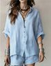 Summer Fashion Casual Women's Clothing Set Solid Color Loose Button Down Shirt And Shorts_ecoleips.com