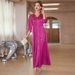 Rose-Red Satin Mid-Sleeved Long Dress For Travel Women's Clothing_ecoleips.com