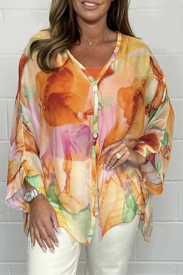 Women's Clothing Summer Floral Gradient Print Chiffon Shirt_ecoleips.com