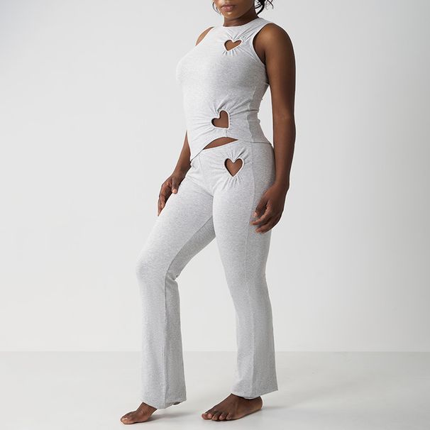 Women's Clothing New Solid Color Heart Hollow Sleeveless Top Trousers Set_ecoleips.com