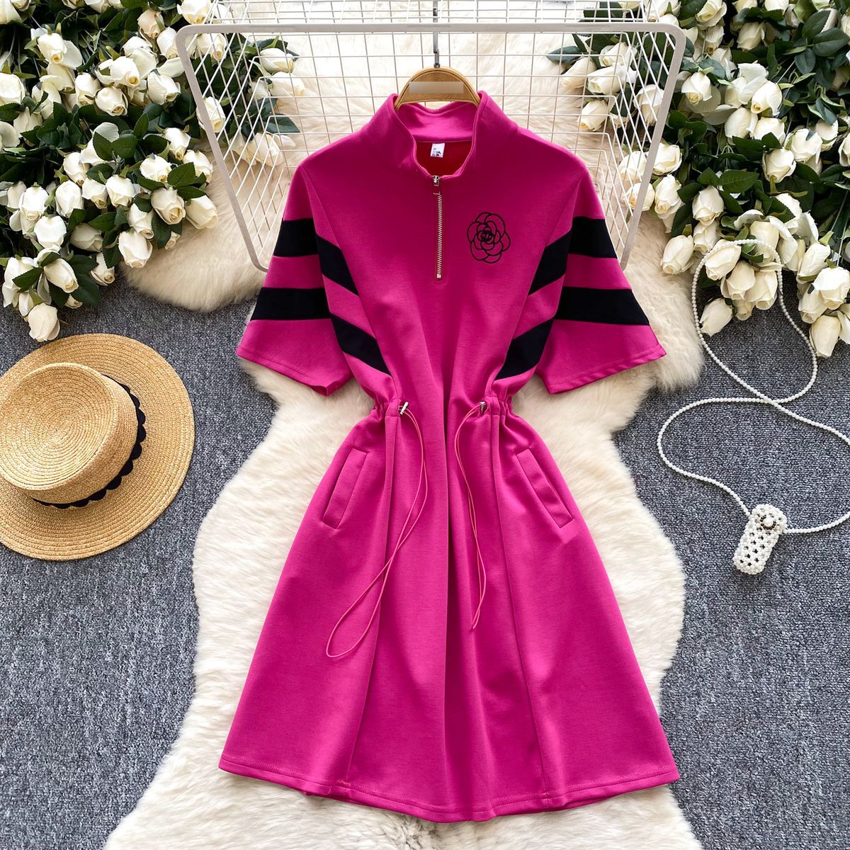 Women's Clothing College Style Striped Short Sleeved Dress Summer With Lapel And Drawstring Waist, Slim Temperament And Petite Mid Length Skirt_ecoleips.com