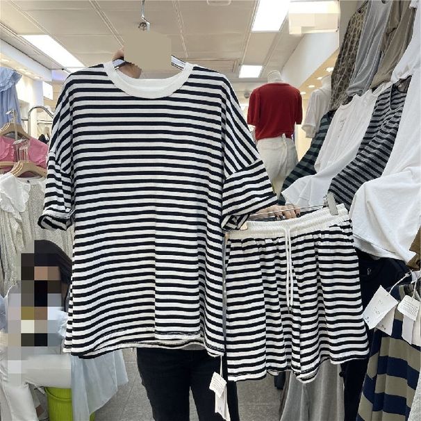 Women's Clothing Striped Casual Sports Suit Female Summer Loose Fashion Short Sleeved T Shirt Shorts Two Piece Suit_ecoleips.com