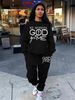 Women's Autumn And Winter Hip-hop Casual Street GOD Letter Pattern Printed Round Neck Sports Shirt+sports Pants Warm Set-660_ecoleips.com