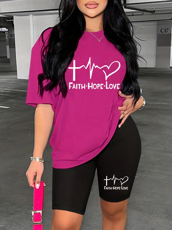 Summer Women's Casual Fashion FAITH HOPE LOVE Letter Graphic Print Loose T-shirt Shorts Two-piece Set Sportswear Suitable For Daily Wear-134_ecoleips.com