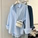 Women's Lightweight Long Sleeve Blouse Breathable Linen-Like Polyester Oversized Office Casual Top with Pockets Blue White S- XL_ecoleips.com