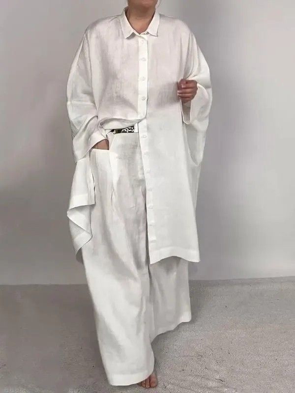 Women's Clothing New Style Casual Loose Solid Color Shirt Suit Wide Leg Pants Two Piece Set_ecoleips.com