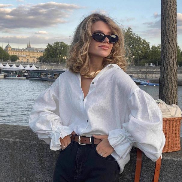 2026 European American Spring/Summer New White Crepe Shirt With Small Stand Collar And Lantern Sleeves, Loose Fit,_ecoleips.com