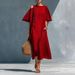 Women's Clothing Solid Color Linen Round Neck Short Sleeved Slimming Retro Casual Midi Dress For Women Plus Size_ecoleips.com