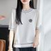 Women's 3D Floral Round Neck Color Block Knit Top Stylish Casual Summer Ice Silk Blend Comfortable Fit Knitted Top_ecoleips.com