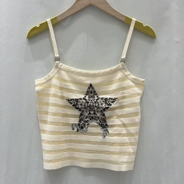 Trendy Brand Knitted D-Letter Organza Patchwork Sleeveless Slim-Fit Versatile Women's Tank Top, New Summer 2026_ecoleips.com