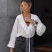 Aria Basics Aria Basics European American Fashion White Ruffled Blouse Women, Autumn Design With V-neck And Lantern Sleeves, Chiffon Shirt For_ecoleips.com