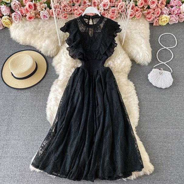 Women's Clothing Spring Autumn Lace Round Neck Dress Long Sleeve Slim Fit Elegant Ruffled Maxi Fashionable Women's Clothing Dress_ecoleips.com