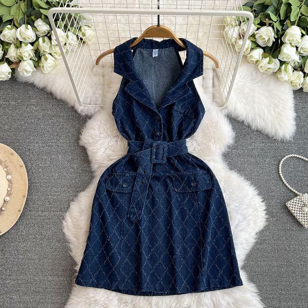 Women's Clothing Denim Skirt Retro Suit Collar Diamond Pattern Mechanism Waist Slimming Dress_ecoleips.com