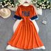 Women's Summer Casual Denim Short Sleeve Dress With Letter Print, Drawstring Waist, Flattering Fit, Mid-Length Knit Blend Dress_ecoleips.com