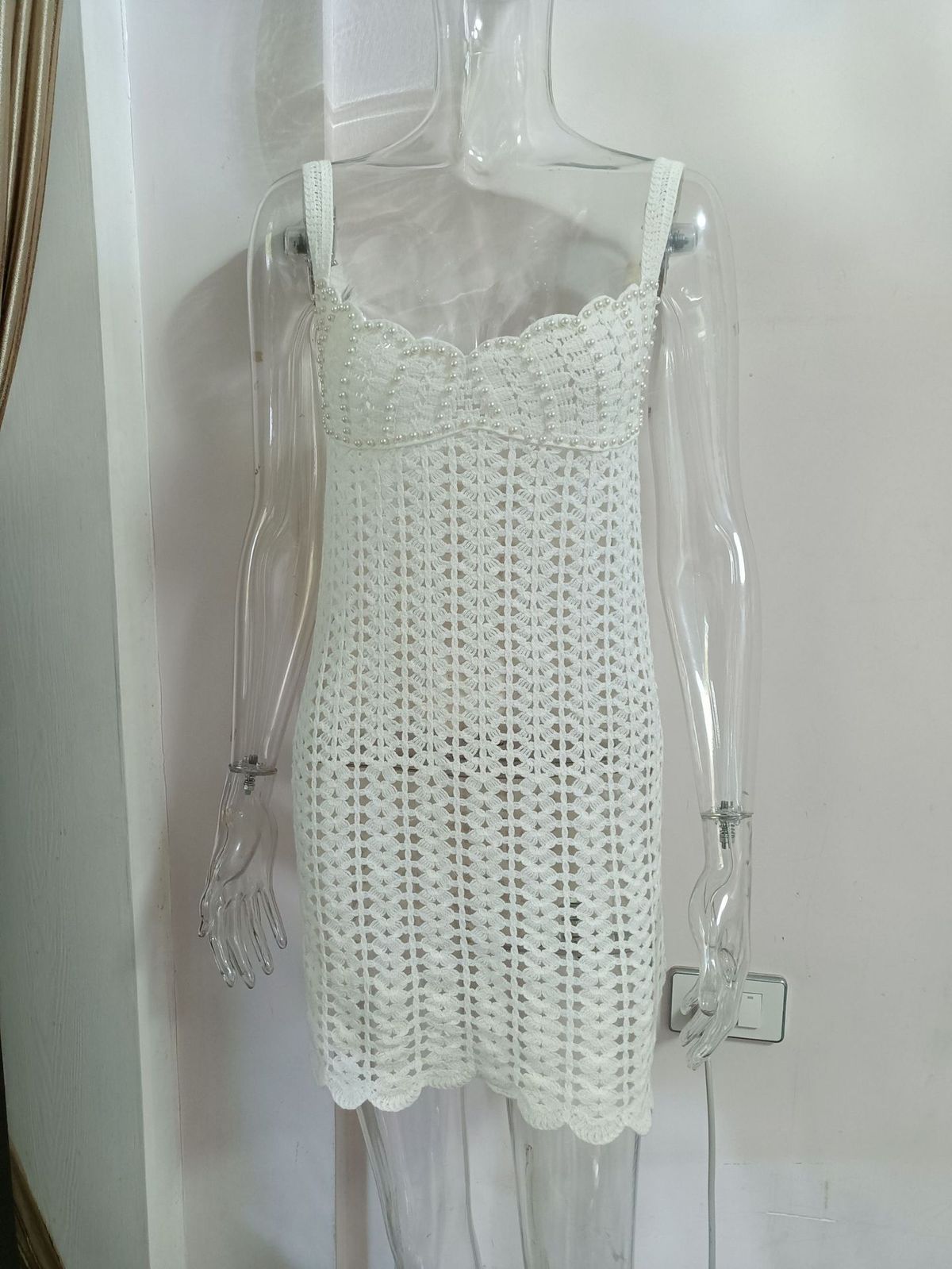 Elegant V-Neck Knitted Pearl Waist Hollow Suspender Dress For Women - Summer Fashion Mini Dress With Breathable Design (S/M/L)_ecoleips.com