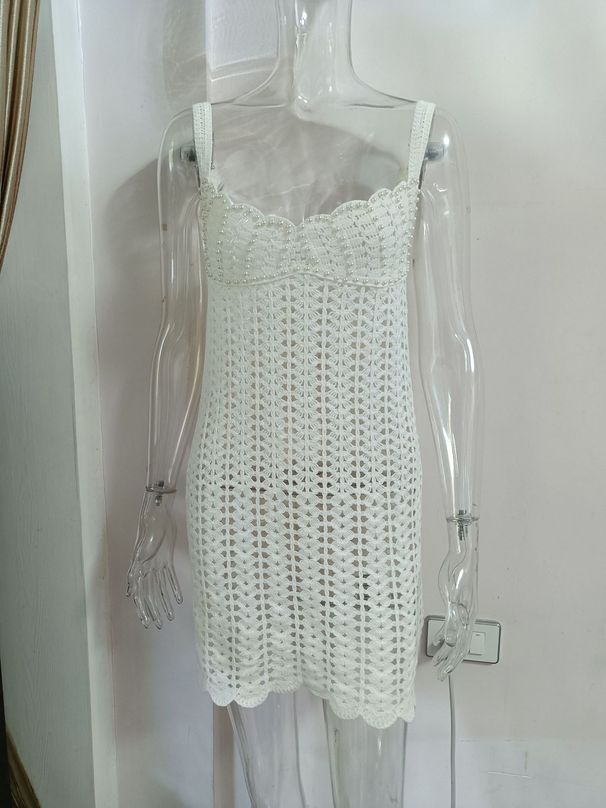 Elegant V-Neck Knitted Pearl Waist Hollow Suspender Dress For Women - Summer Fashion Mini Dress With Breathable Design (S/M/L)_ecoleips.com