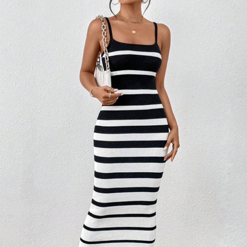 2026 New Women's Fashion Sexy Striped Strap Slimming Long Dress_ecoleips.com
