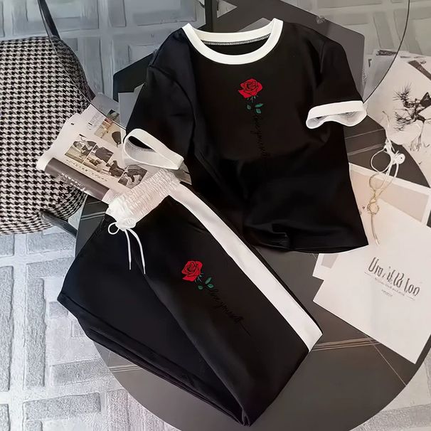 Elegant Floral Print Ladies Two-Piece Set Loose-Fit Rose Short Sleeve Tee And Comfortable Trousers Casual Wear_ecoleips.com