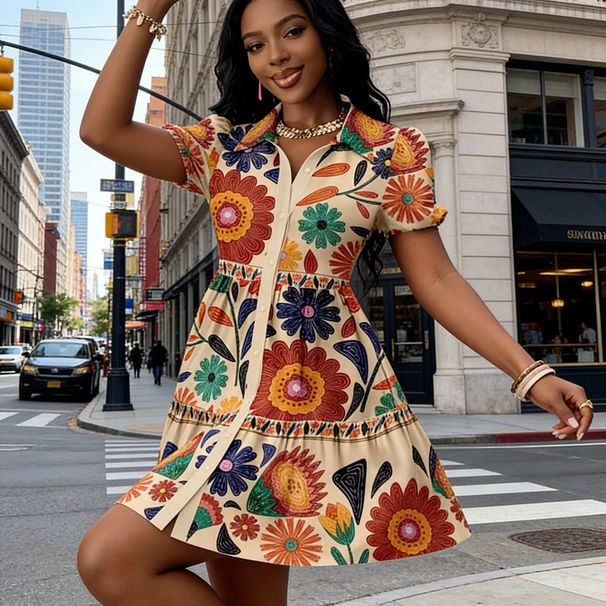 2026Women's Summer Floral Print Shirt Dress Puff Sleeve Ruffle Hem A-Line Mini Dress_ecoleips.com