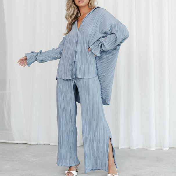 Women's Clothing Solid Color Pleated Long Sleeved Lapel Cardigan Shirt Slit Pajamas Two Piece Suit_ecoleips.com