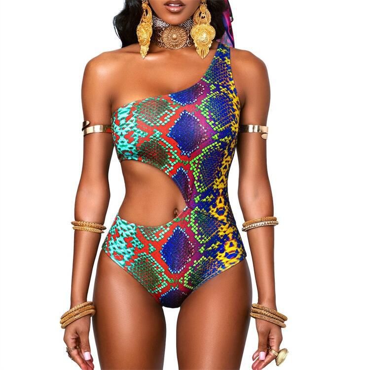 Sexy European American Style Bikini One Shoulder Snakeskin Print Slimming One Piece Swimwear For Women Wire-Free Chest Pad_ecoleips.com
