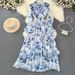 Women's Clothing Spring And Autumn Retro Palace Style Trumpet Long Sleeve Stand Collar Waist Slimming A Line Celadon Printed Large Swing Dress_ecoleips.com