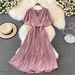 French Pleated Slim Fit Long Holiday Style Chiffon Pleated Long Skirt Solid Color Temperament V Neck New French Dress_ecoleips.com