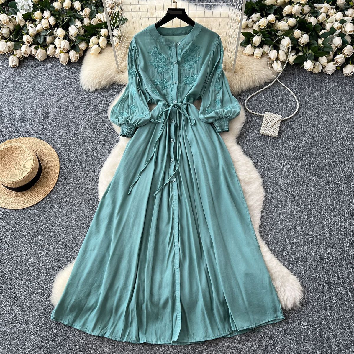 Women's Clothing Retro Palace Style Lantern Sleeve Dress Summer Hook Flower Embroidery Strap Waist Royal Sister Light Luxury Temperament Long Dress_ecoleips.com